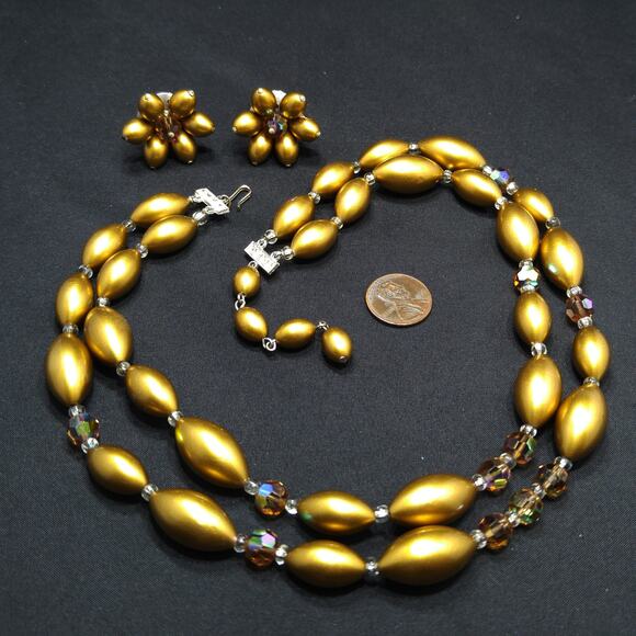 Vintage Gold Pearled & Crystal Beaded Necklace, Matching Clip Earrings, 1950 - Picture 9 of 10